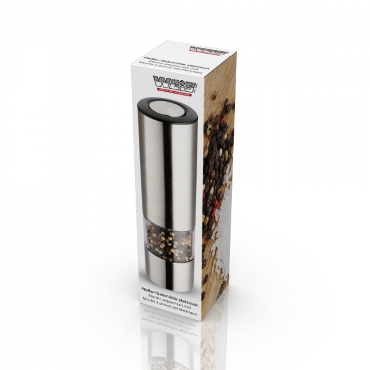 WEIS Elektrisk pepperkvern i stål m/lys. 18cm. Batterier inkl.
